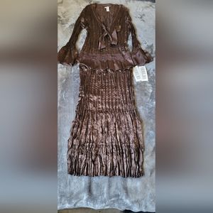 VTG Robbie Bee Ruby 2 piece Skirt And Top Women's Sz 16 Crinkle Skirt Dark Brown